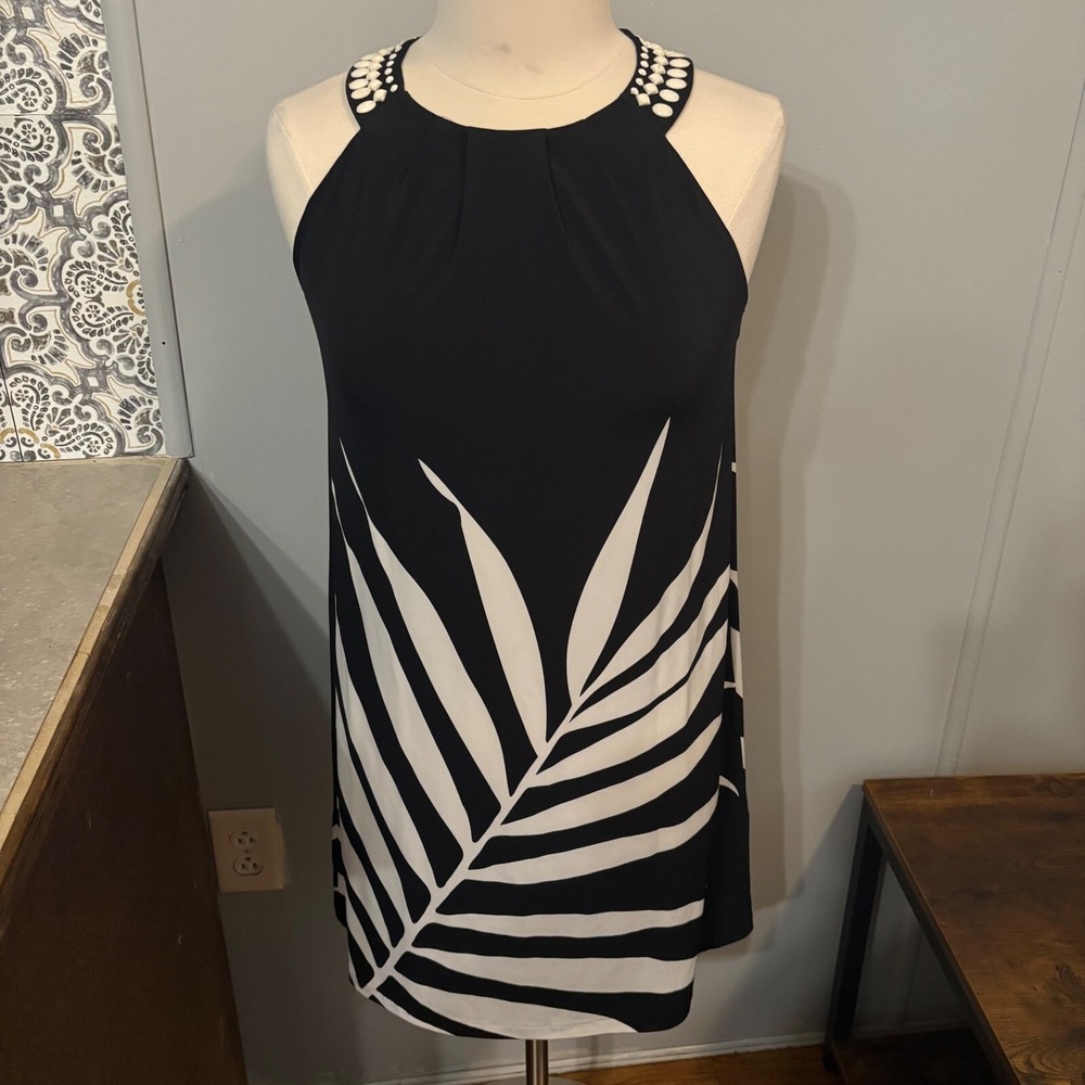 London Times Black White Palm Leaf Sleeveless Beaded Halter Dress (Women's 6)